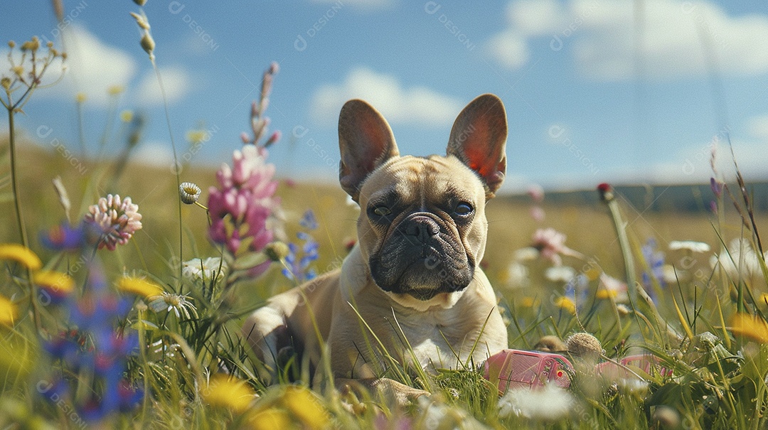 Cachorro da raça French Bulldog sobre campo