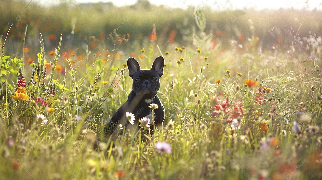 Cachorro da raça French Bulldog sobre campo