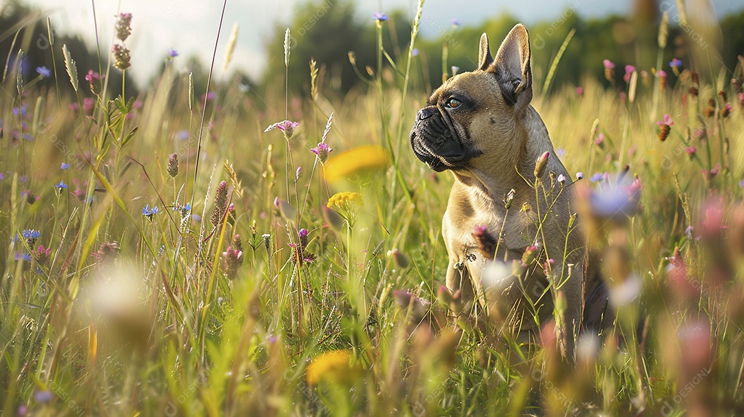 Cachorro da raça French Bulldog sobre campo