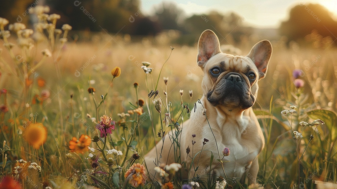 Cachorro da raça French Bulldog sobre campo