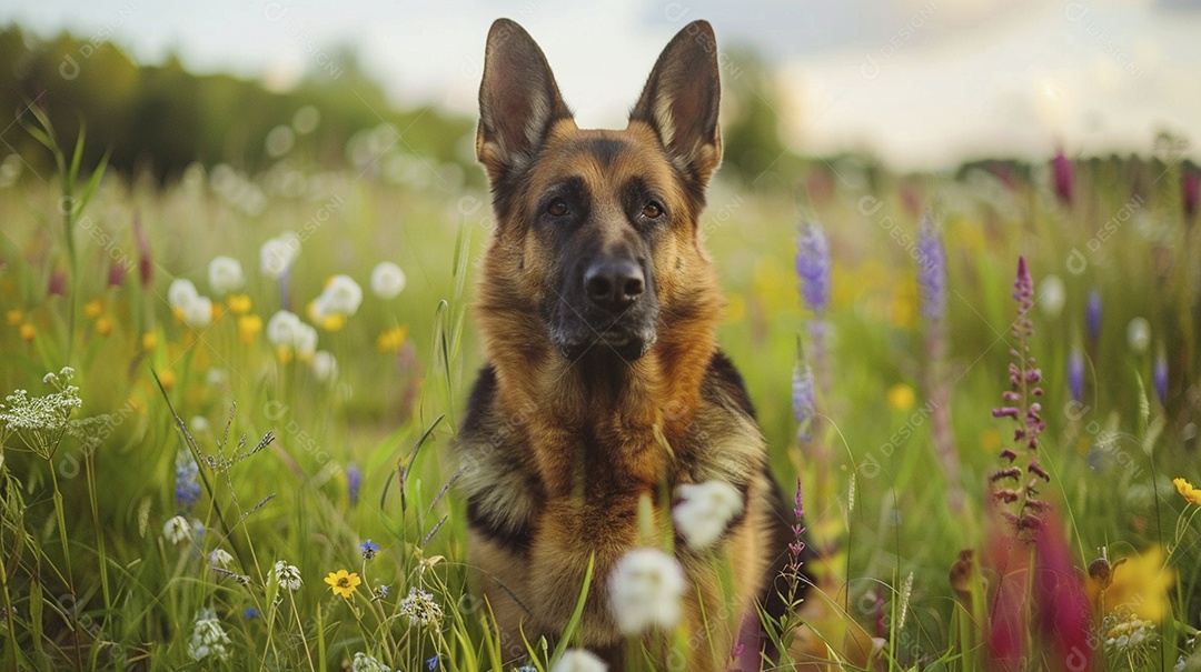 Cachorro da raça Pastor alemão sobre campo