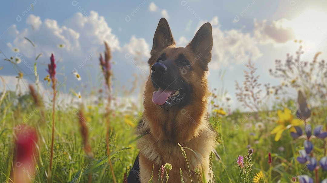 Cachorro da raça Pastor alemão sobre campo