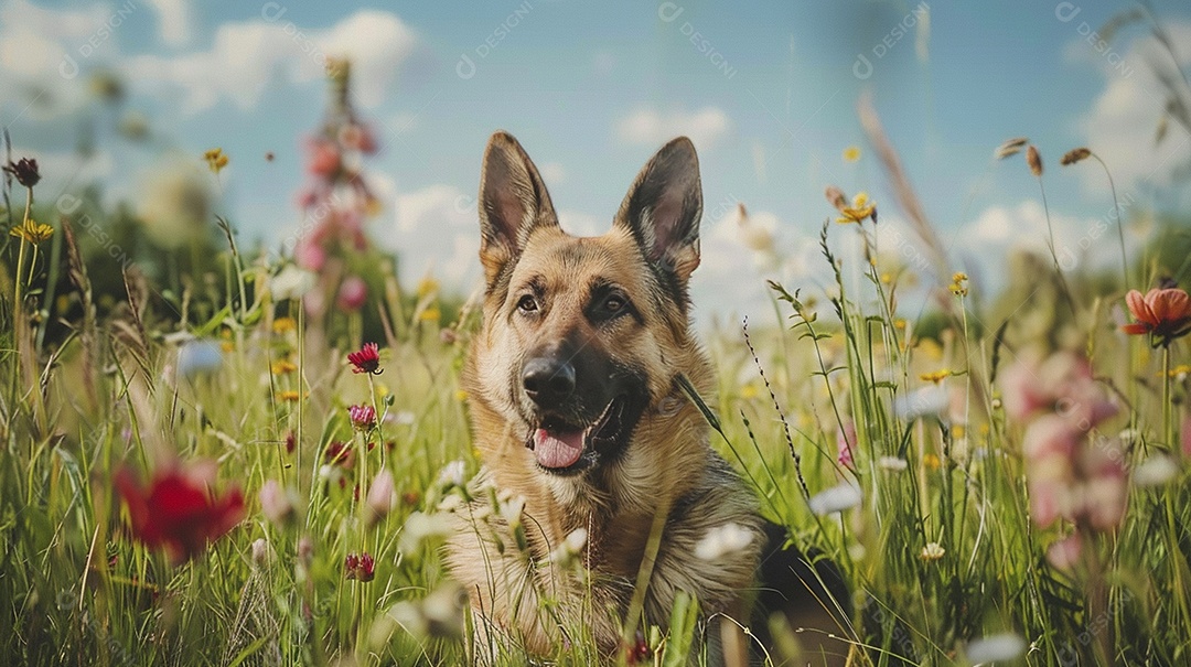 Cachorro da raça Pastor alemão sobre campo