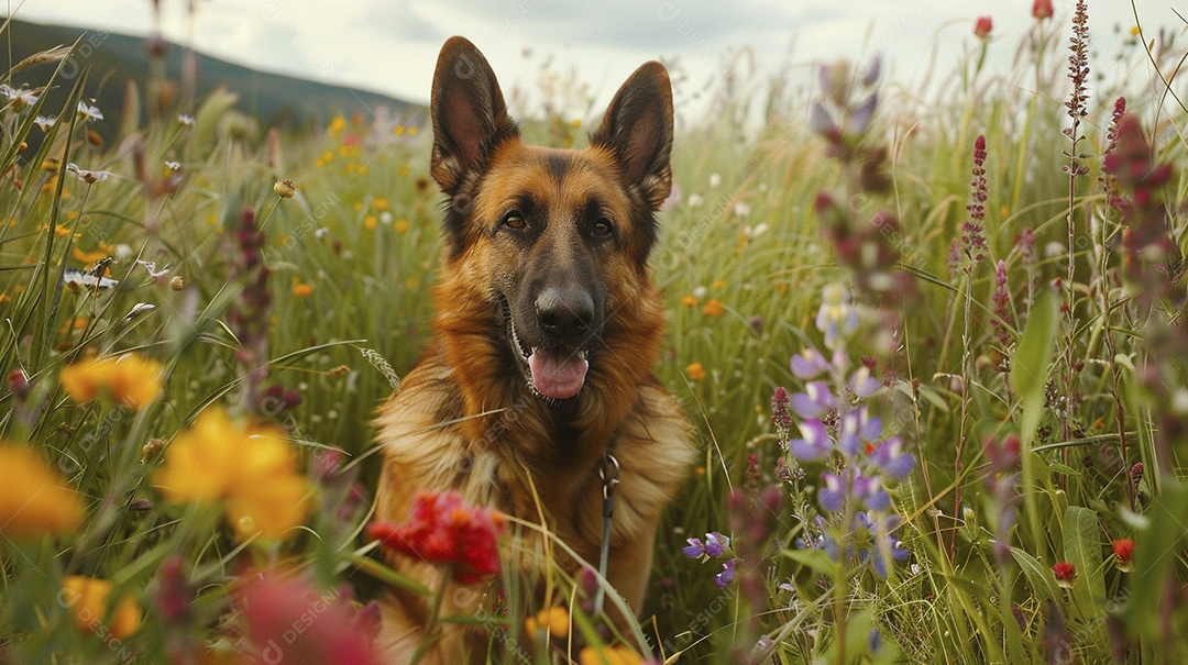 Cachorro da raça Pastor alemão sobre campo