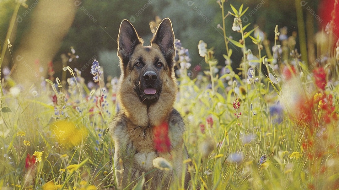 Cachorro da raça Pastor alemão sobre campo
