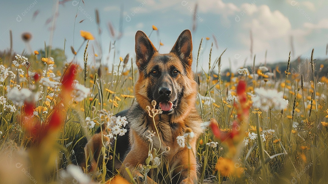 Cachorro da raça Pastor alemão sobre campo