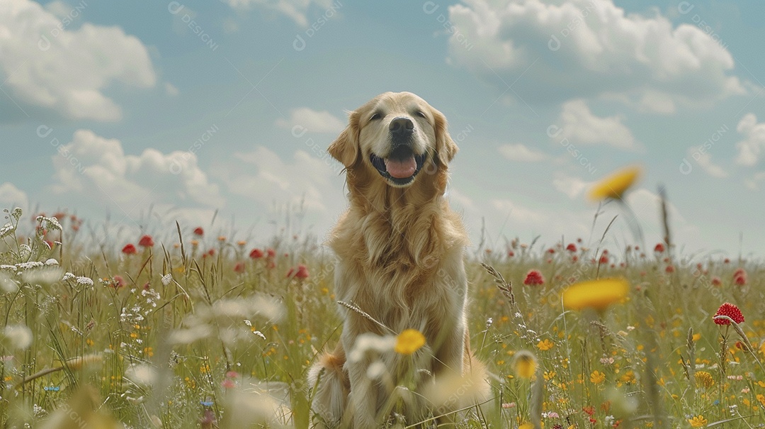 Cachorro da raça Golden Retriever sobre campo