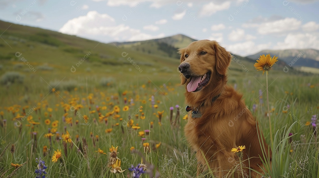 Cachorro da raça Golden Retriever sobre campo