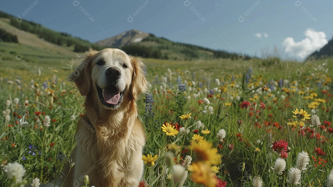 Cachorro da raça Golden Retriever sobre campo