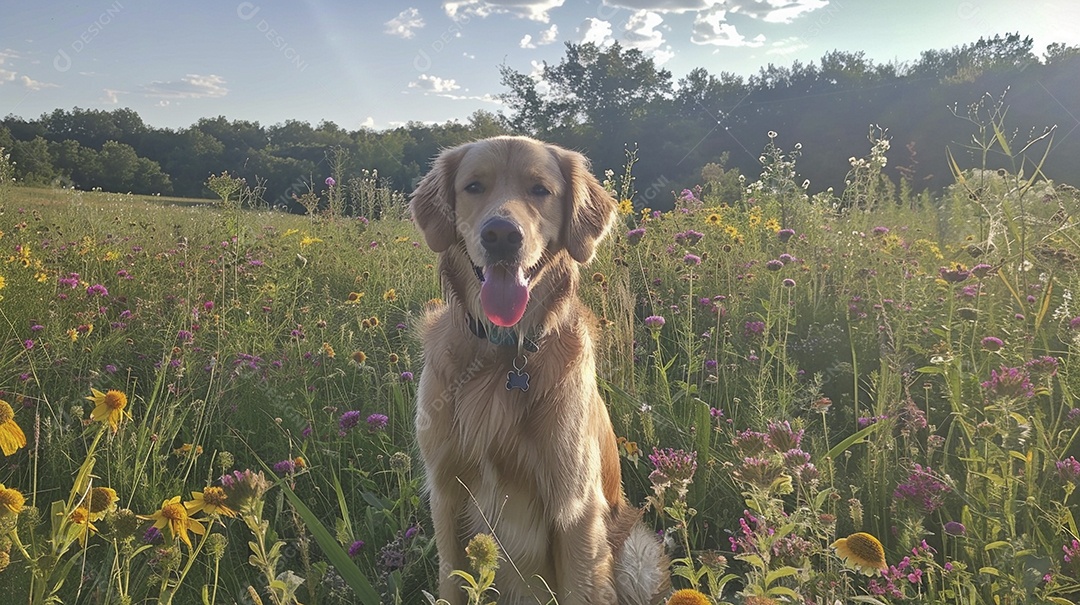 Cachorro da raça Golden Retriever sobre campo