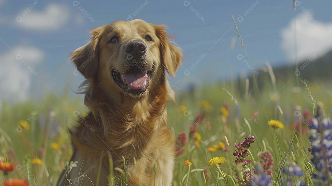 Cachorro da raça Golden Retriever sobre campo