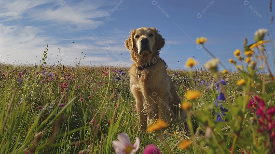 Cachorro da raça Golden Retriever sobre campo