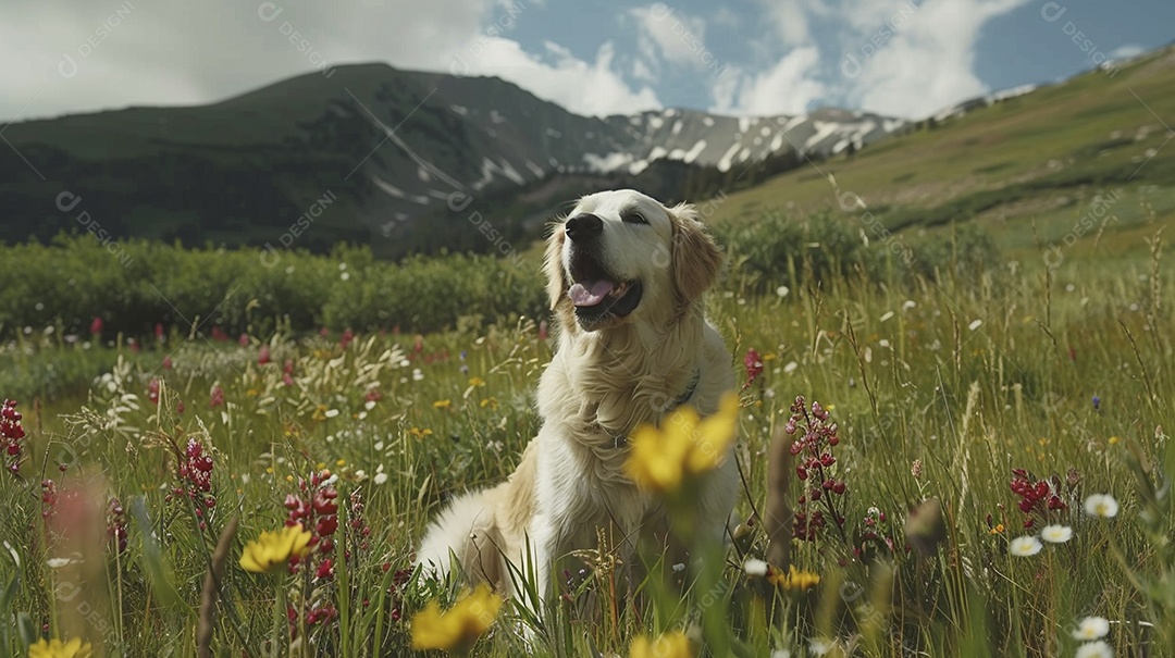 Cachorro da raça Golden Retriever sobre campo