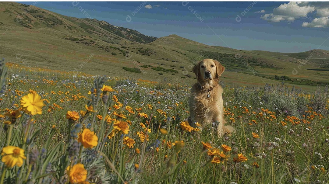 Cachorro da raça Golden Retriever sobre campo