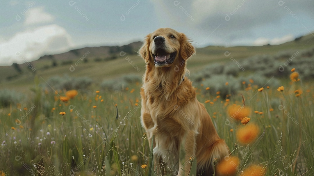 Cachorro da raça Golden Retriever sobre campo