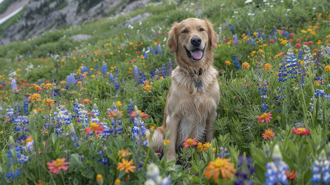 Cachorro da raça Golden Retriever sobre campo