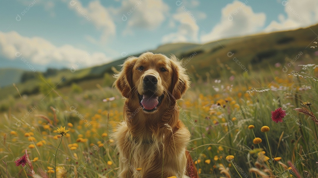 Cachorro da raça Golden Retriever sobre campo