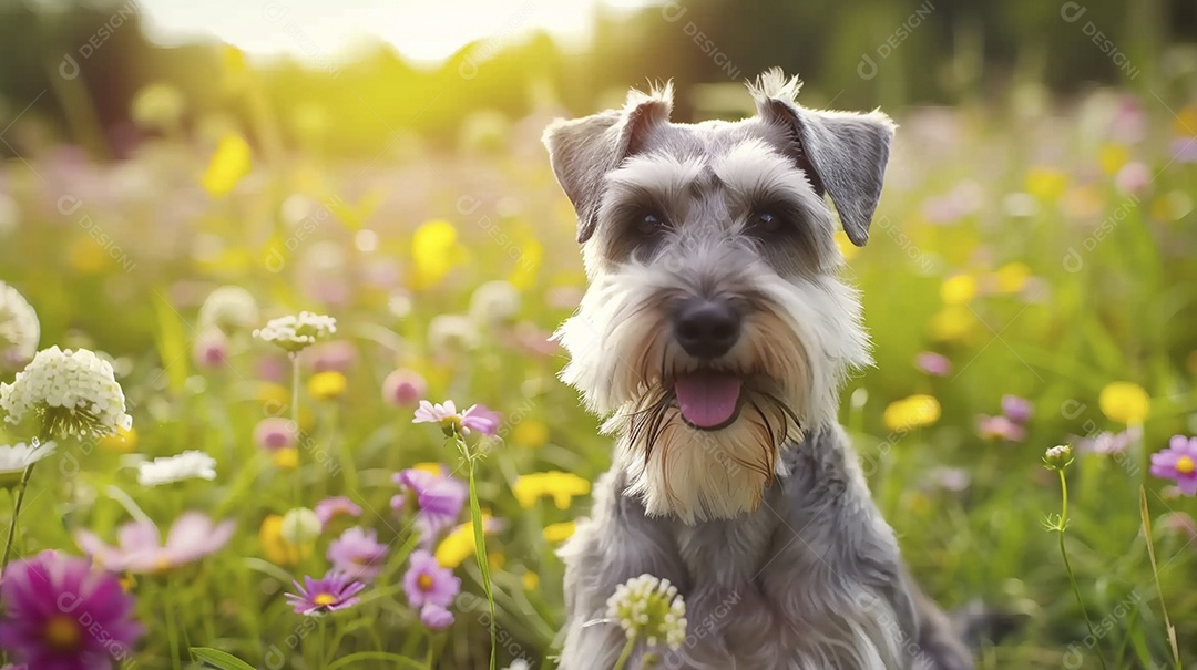 Cachorro da raça Miniature Schnauzer sobre campo