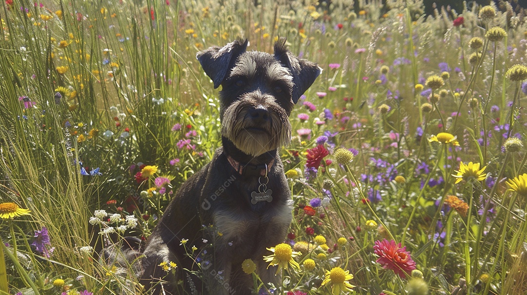 Cachorro da raça Miniature Schnauzer sobre campo