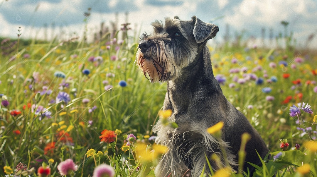Cachorro da raça Miniature Schnauzer sobre campo