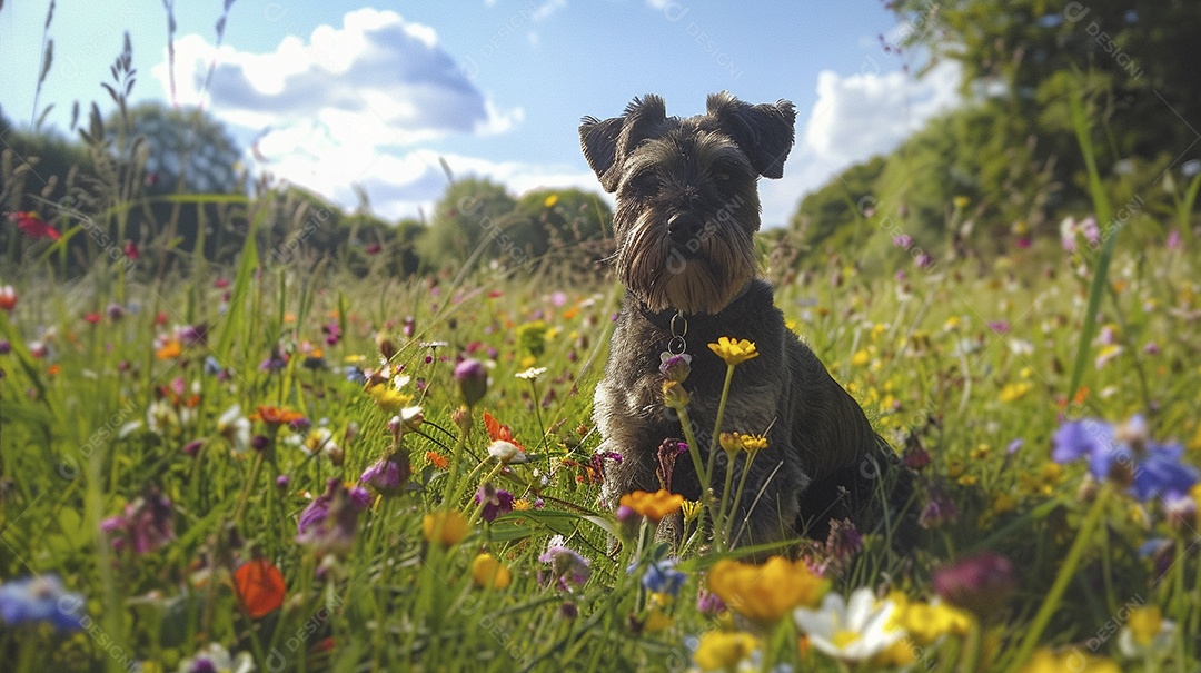 Cachorro da raça Miniature Schnauzer sobre campo