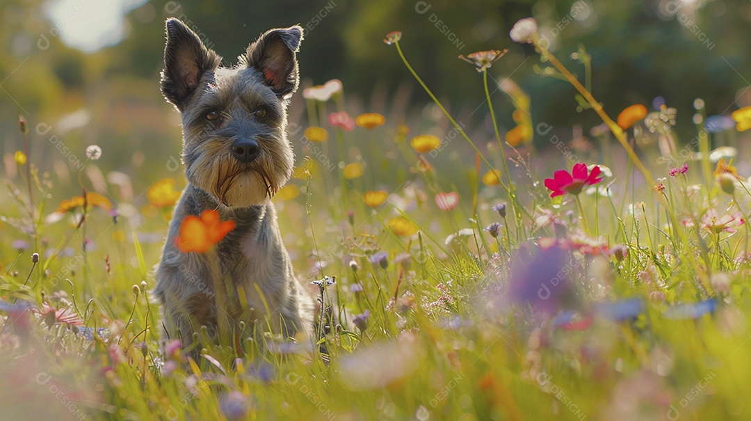 Cachorro da raça Miniature Schnauzer sobre campo