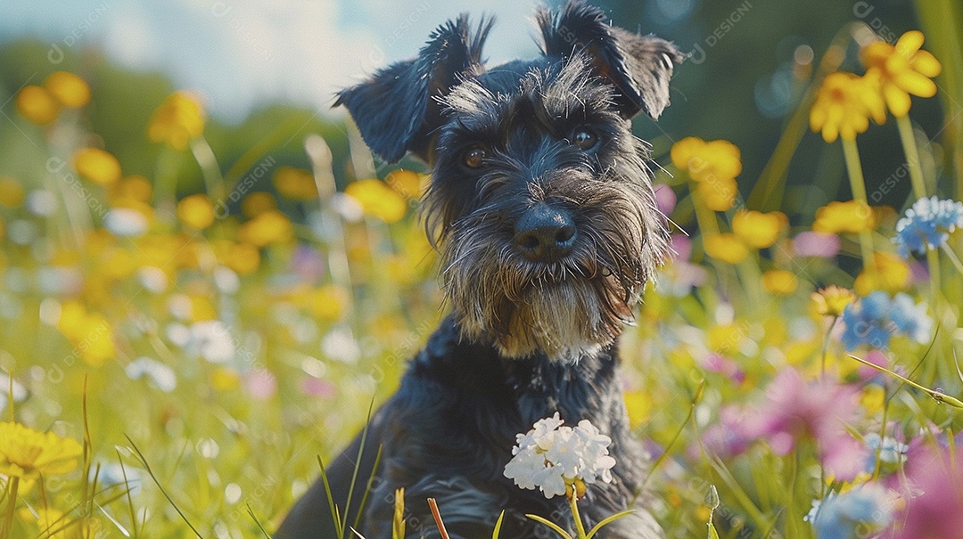 Cachorro da raça Miniature Schnauzer sobre campo