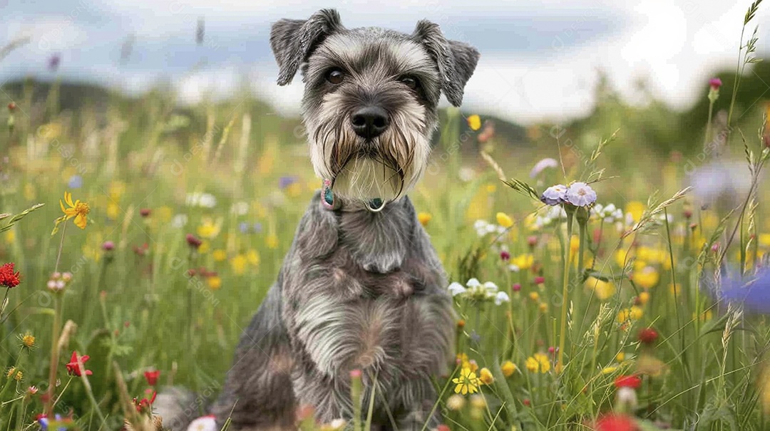 Cachorro da raça Miniature Schnauzer sobre campo