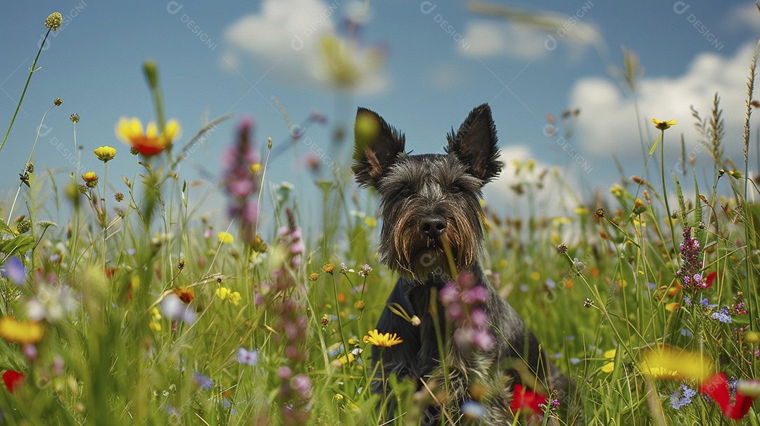 Cachorro da raça Miniature Schnauzer sobre campo