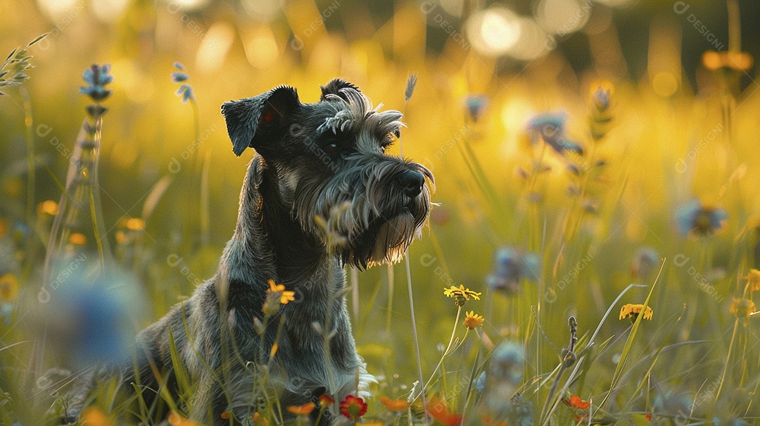 Cachorro da raça Miniature Schnauzer sobre campo