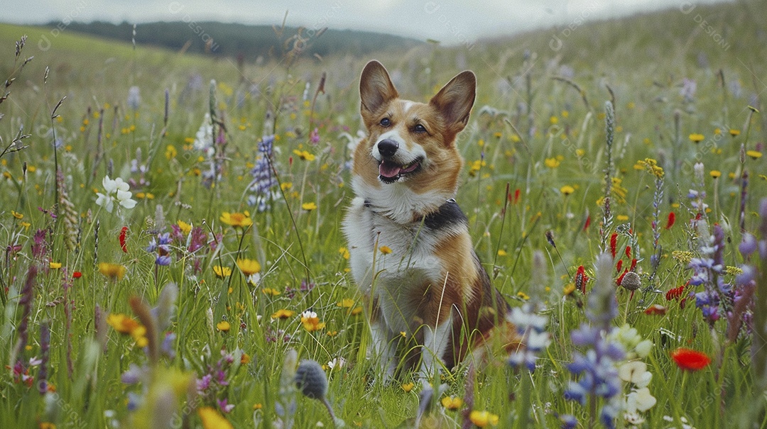 Cachorro da raça Pembroke Welsh Corgi sobre campo