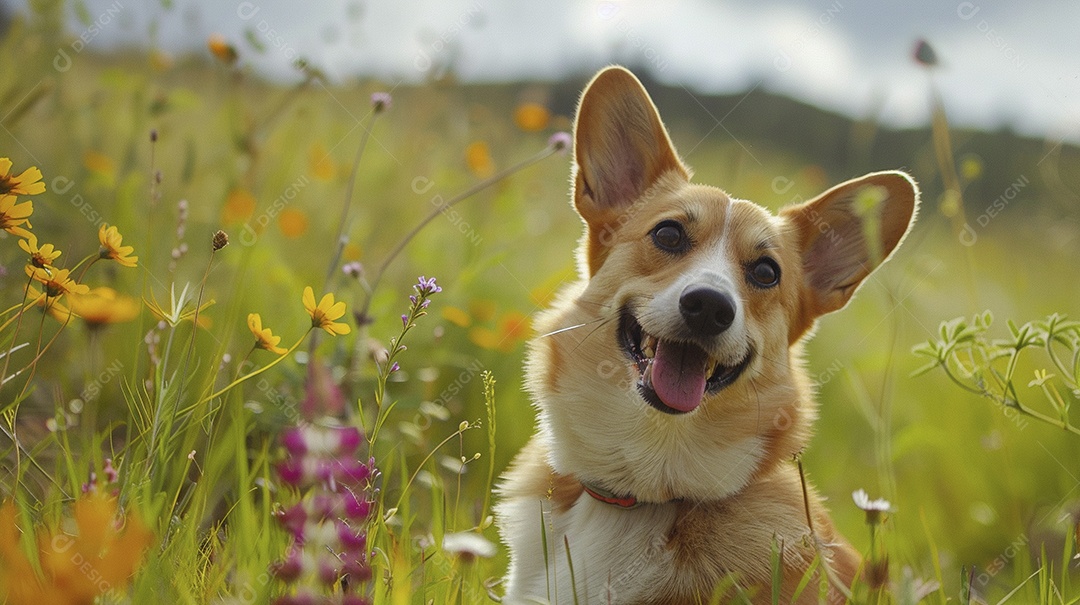Cachorro da raça Pembroke Welsh Corgi sobre campo