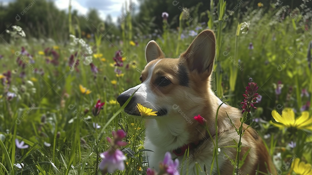 Cachorro da raça Pembroke Welsh Corgi sobre campo