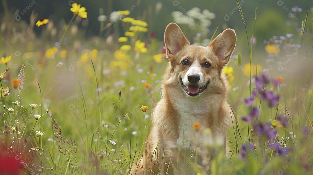 Cachorro da raça Pembroke Welsh Corgi sobre campo