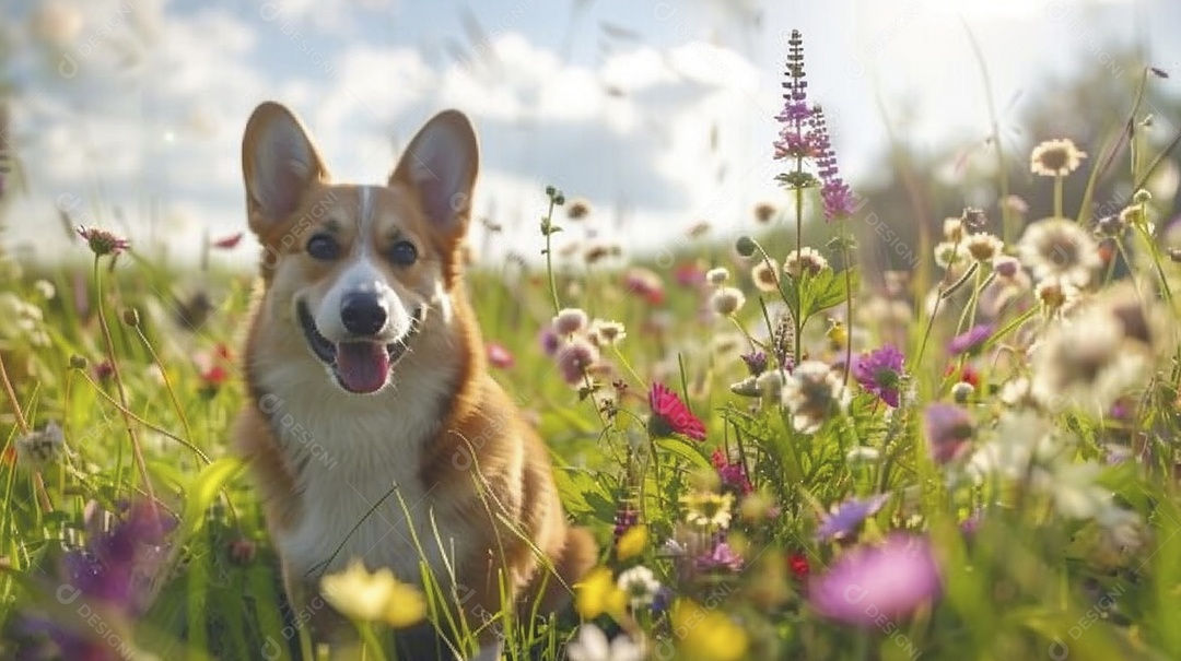 Cachorro da raça Pembroke Welsh Corgi sobre campo