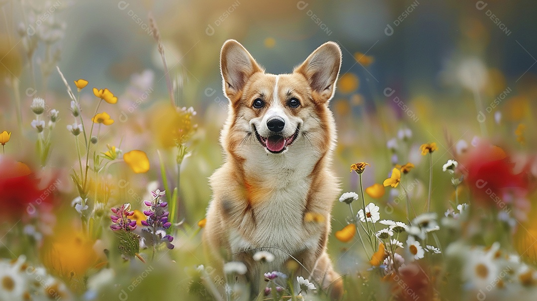 Cachorro da raça Pembroke Welsh Corgi sobre campo