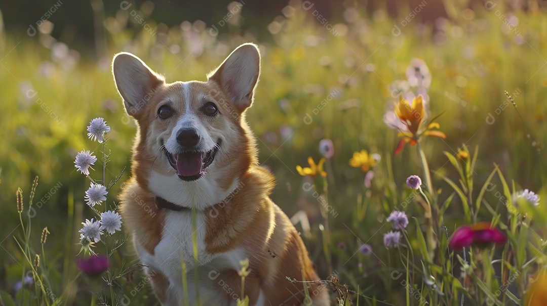 Cachorro da raça Pembroke Welsh Corgi sobre campo