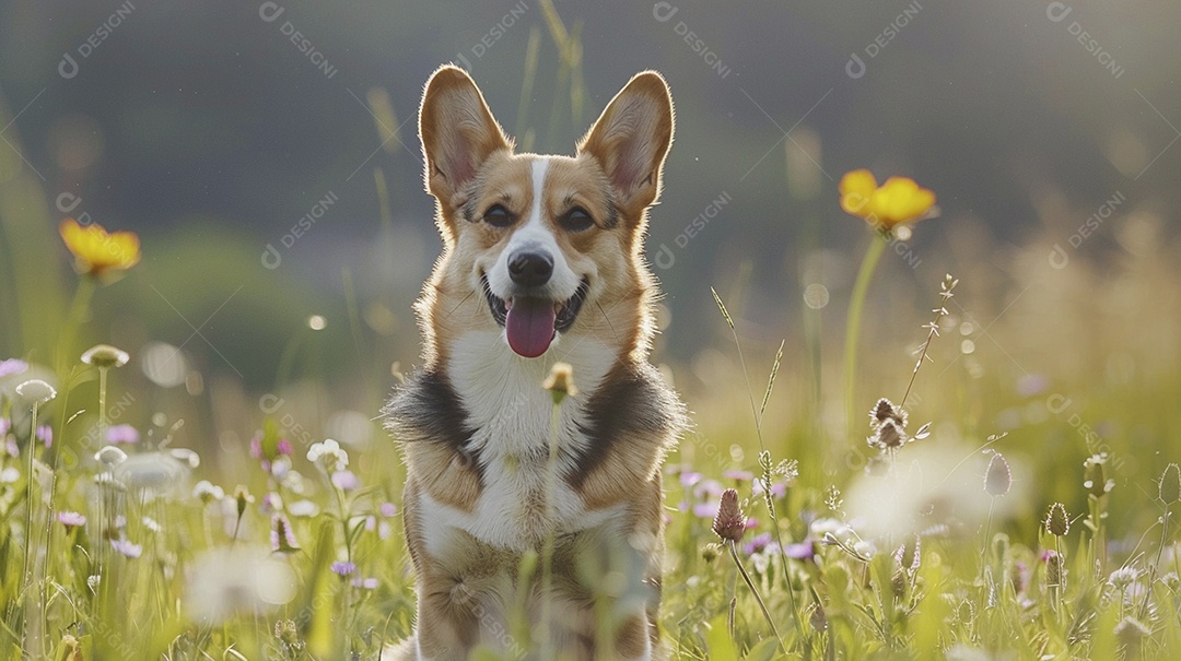 Cachorro da raça Pembroke Welsh Corgi sobre campo