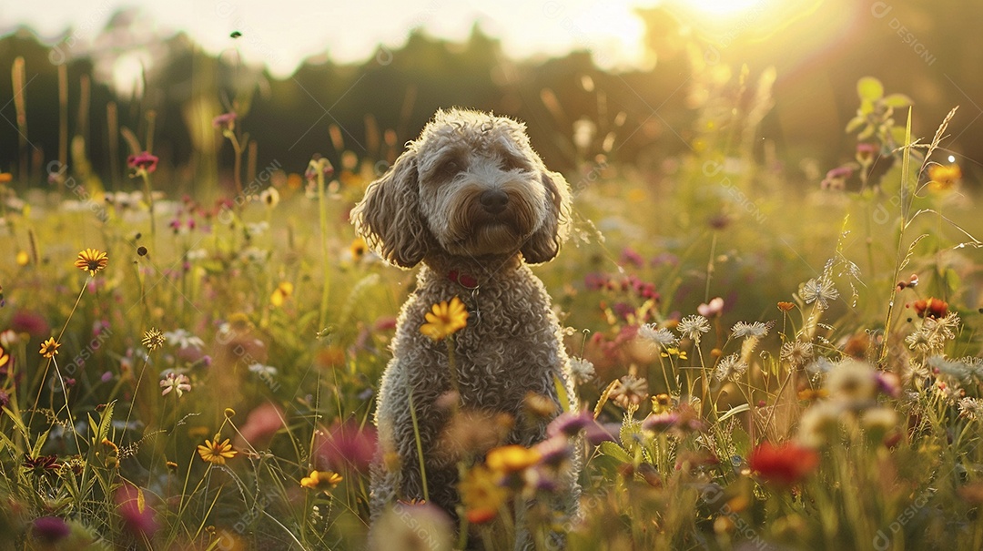 Cachorro da raça Poodle sobre campo
