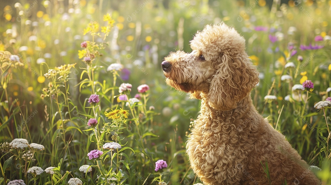 Cachorro da raça Poodle sobre campo