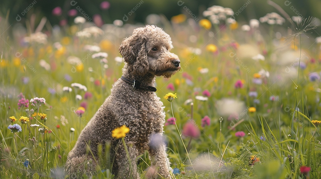 Cachorro da raça Poodle sobre campo