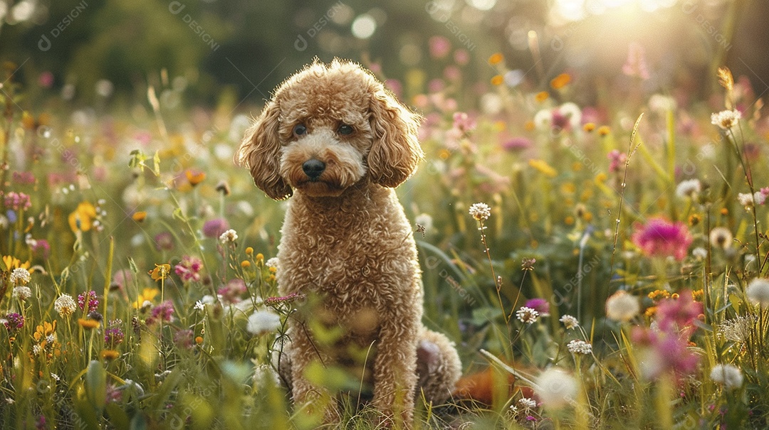 Cachorro da raça Poodle sobre campo