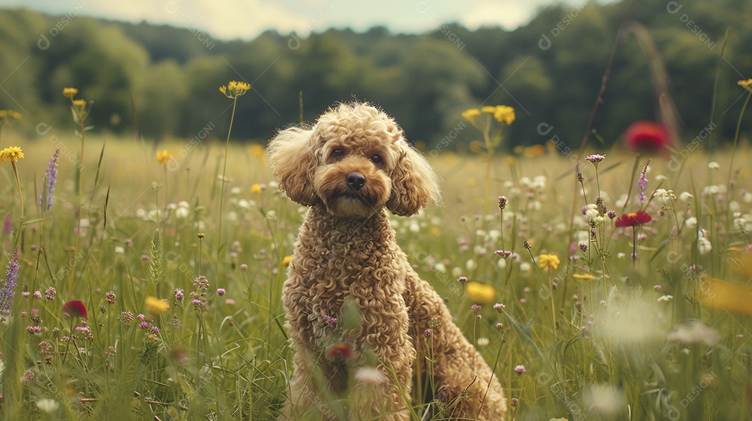 Cachorro da raça Poodle sobre campo