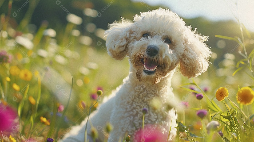 Cachorro da raça Poodle sobre campo