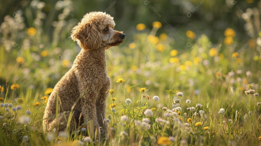 Cachorro da raça Poodle sobre campo