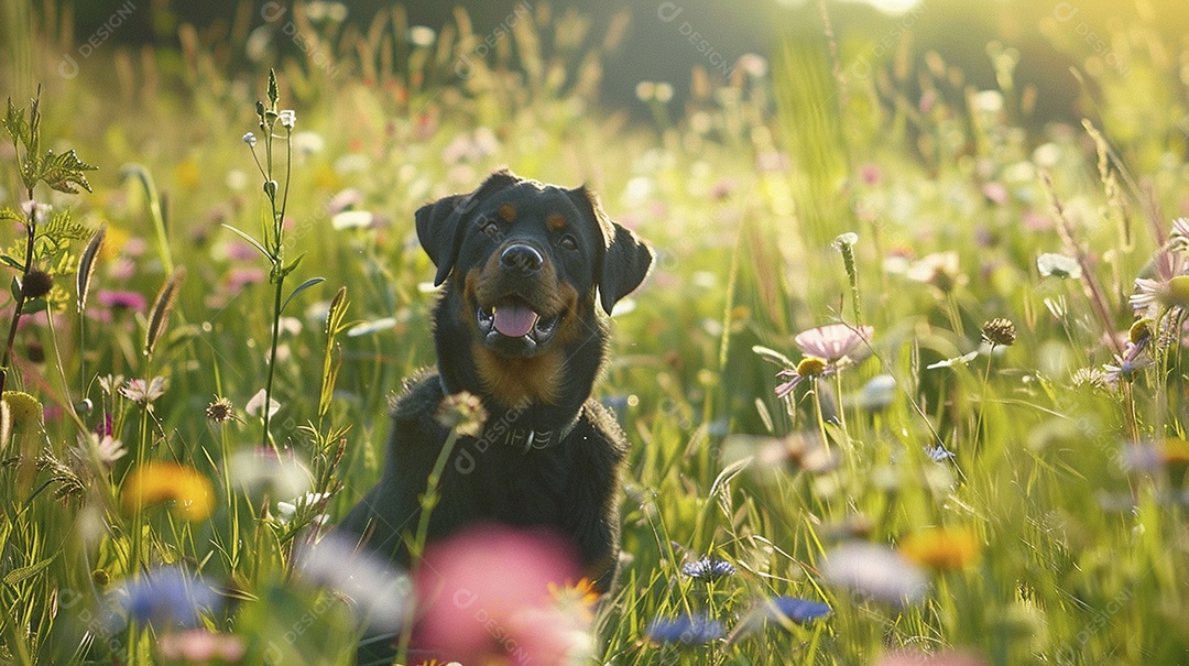 Cachorro da raça Rottweiler sobre campo