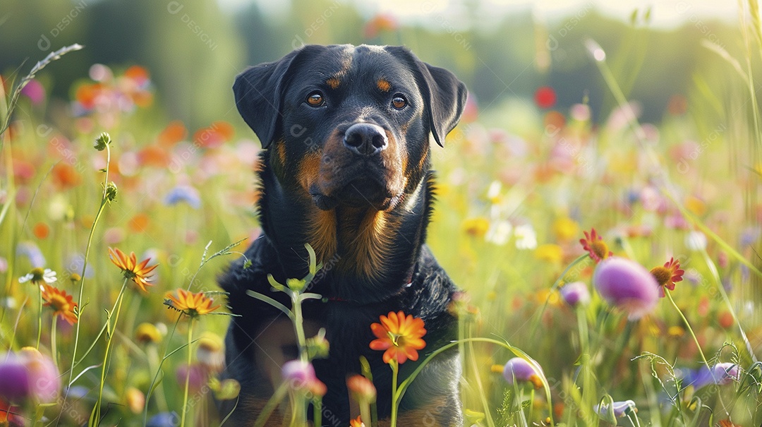 Cachorro da raça Rottweiler sobre campo