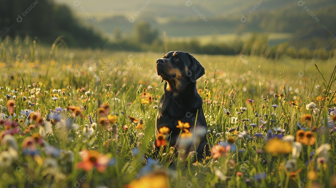 Cachorro da raça Rottweiler sobre campo
