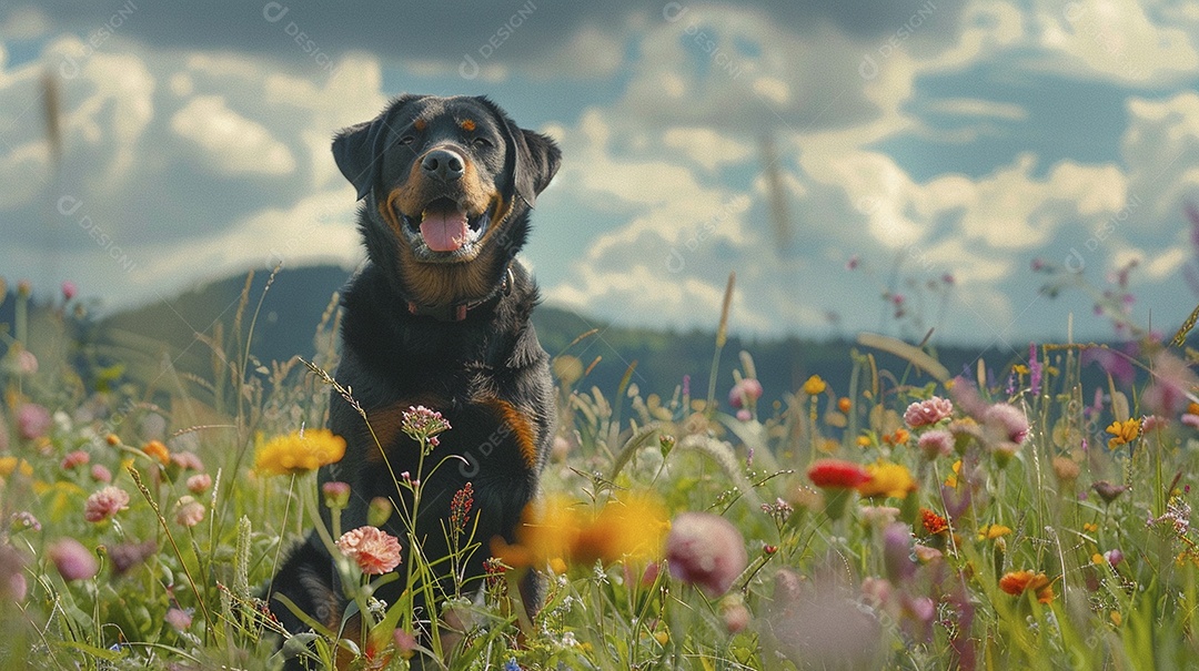 Cachorro da raça Rottweiler sobre campo