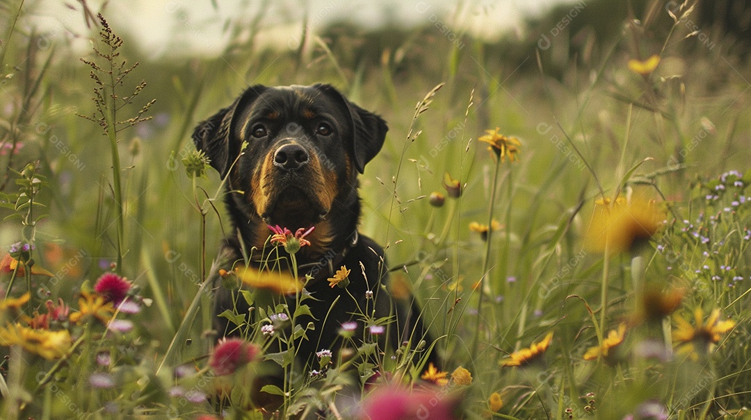 Cachorro da raça Rottweiler sobre campo